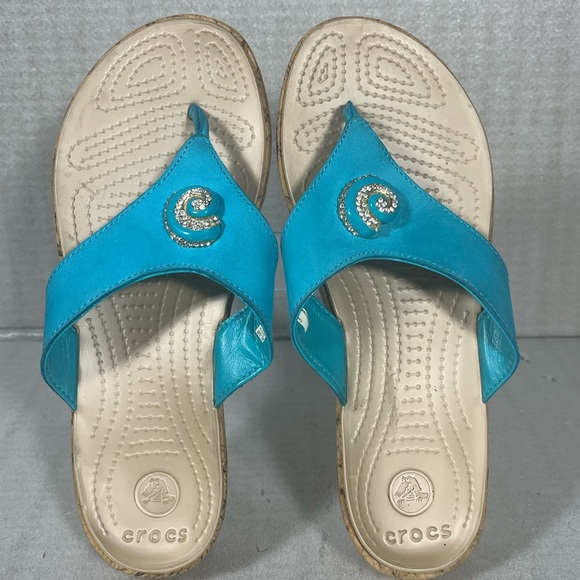 Crocs A-Leigh Turquoise Cork Wedge Thong Sandals Women's Size 7 - Picture 4 of 8